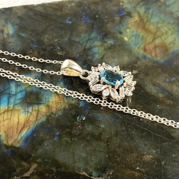 Sterling Silver 925 Blue Topaz CZ Halo Pendant Necklace 18" Cable Chain - Picture 7 of 16